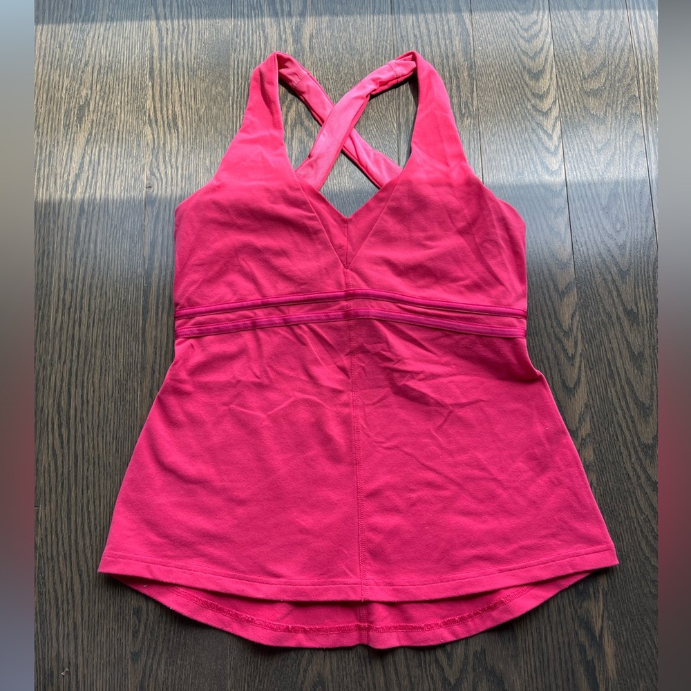 Lululemon pink cross cross top with shelf bra built in size 4